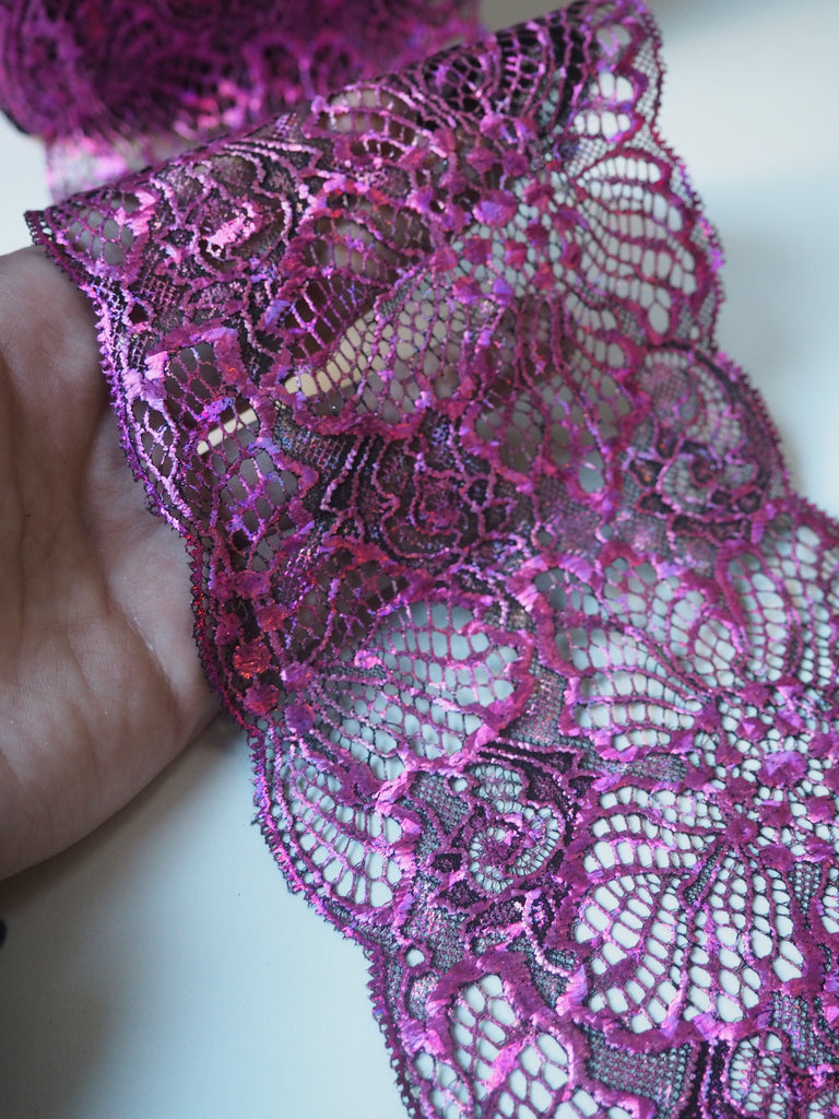 Bright Pink Foliage Foiled Scallop Lace Trim 12cm