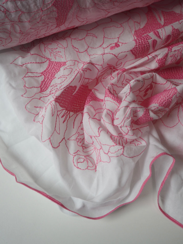 Pink Floral Embroidered Cotton Voile