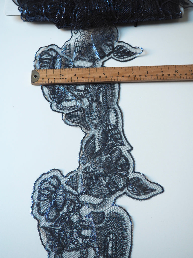 Blue Foiled Leaf + Bud Abstract Lace Trim