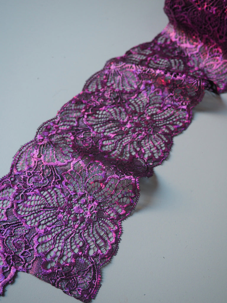 Bright Pink Foliage Foiled Scallop Lace Trim 12cm