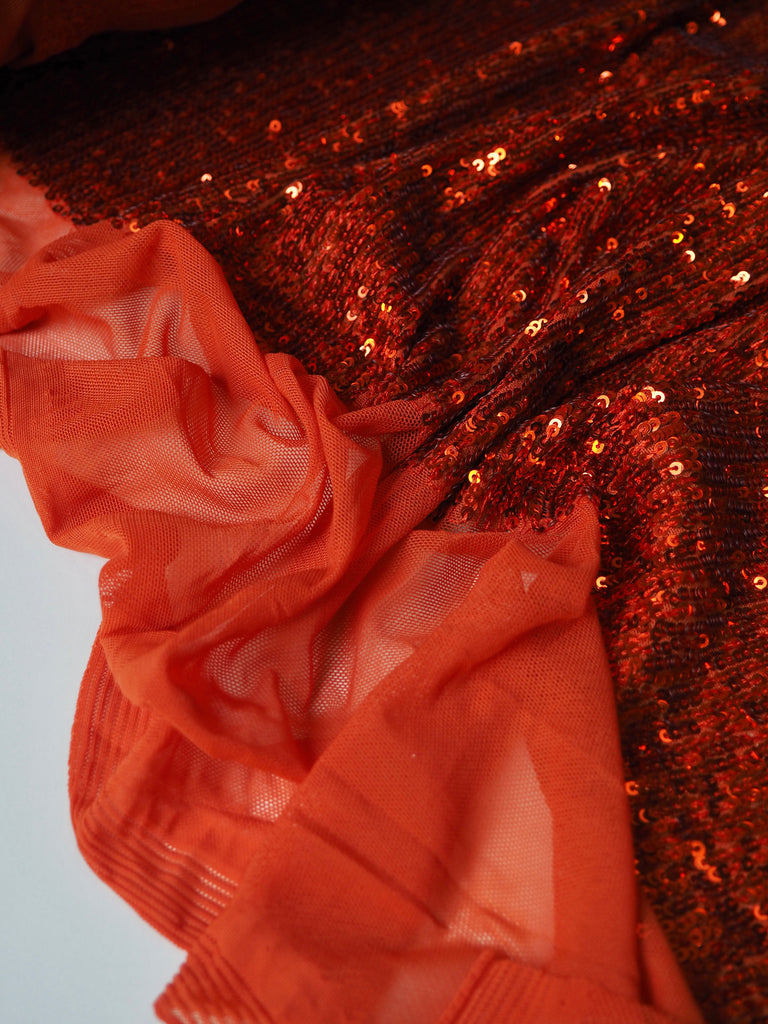 Burnt Orange Sequin Stretch Mesh