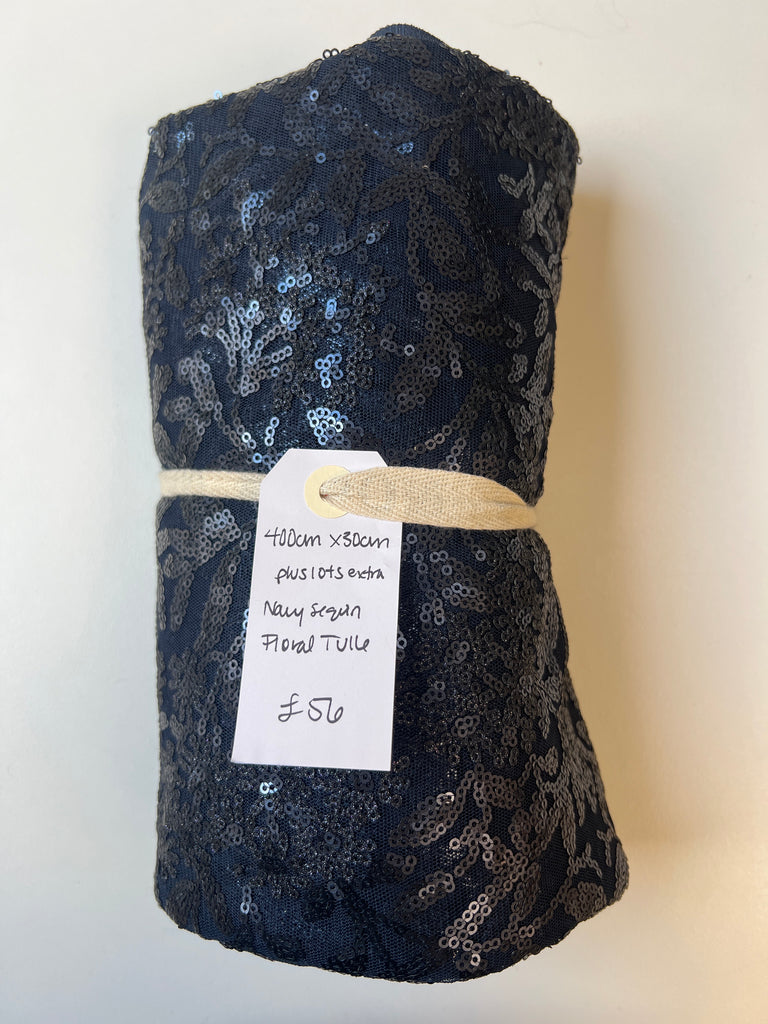 Navy Sequin Floral Tulle Remnant