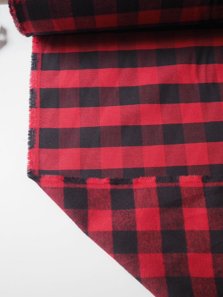 Red + Black Check Fleece-Back Cotton Twill