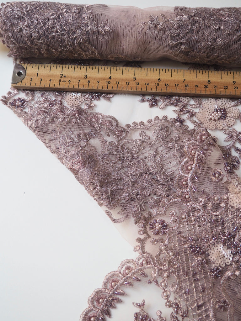 Plum Lurex Beaded Embroidered Scallop Tulle