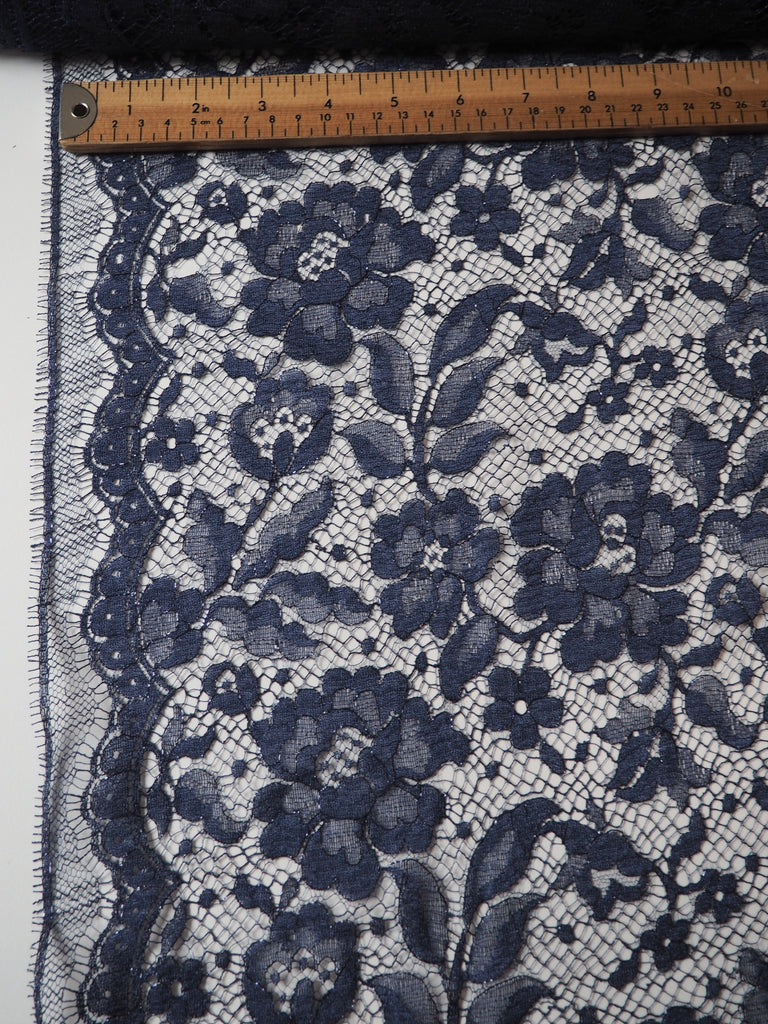 Navy Scalloped Floral Metallic Lace