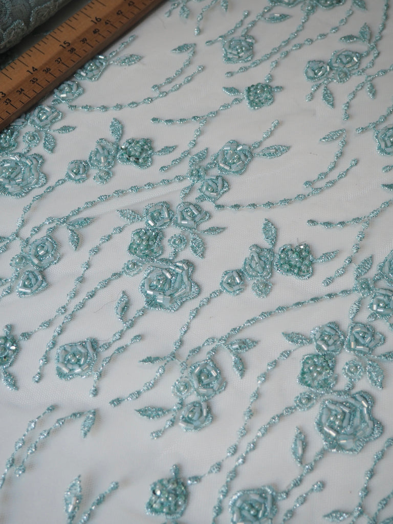 Turquoise Rosette Beaded Embroidered Scallop Tulle