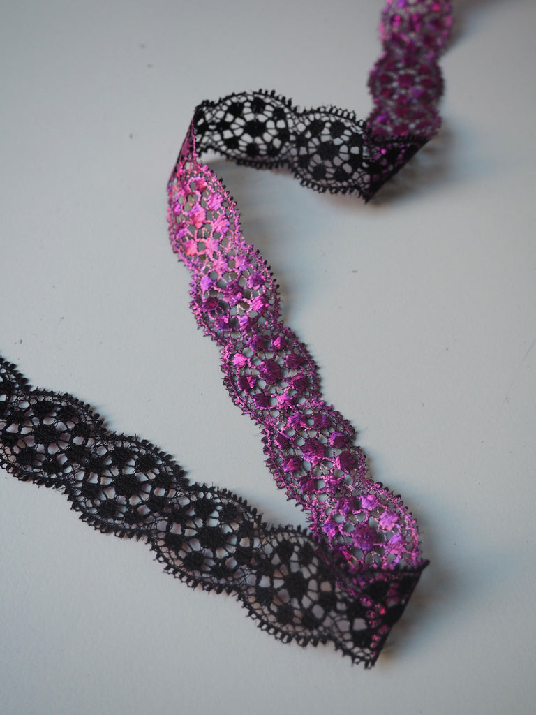 Bright Pink Circlet Foiled Scallop Lace Trim 2cm