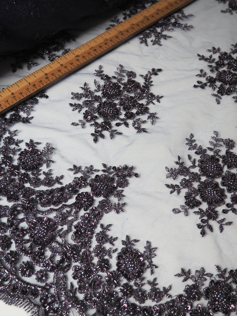 Deep Purple Lurex Floral Beaded Tulle