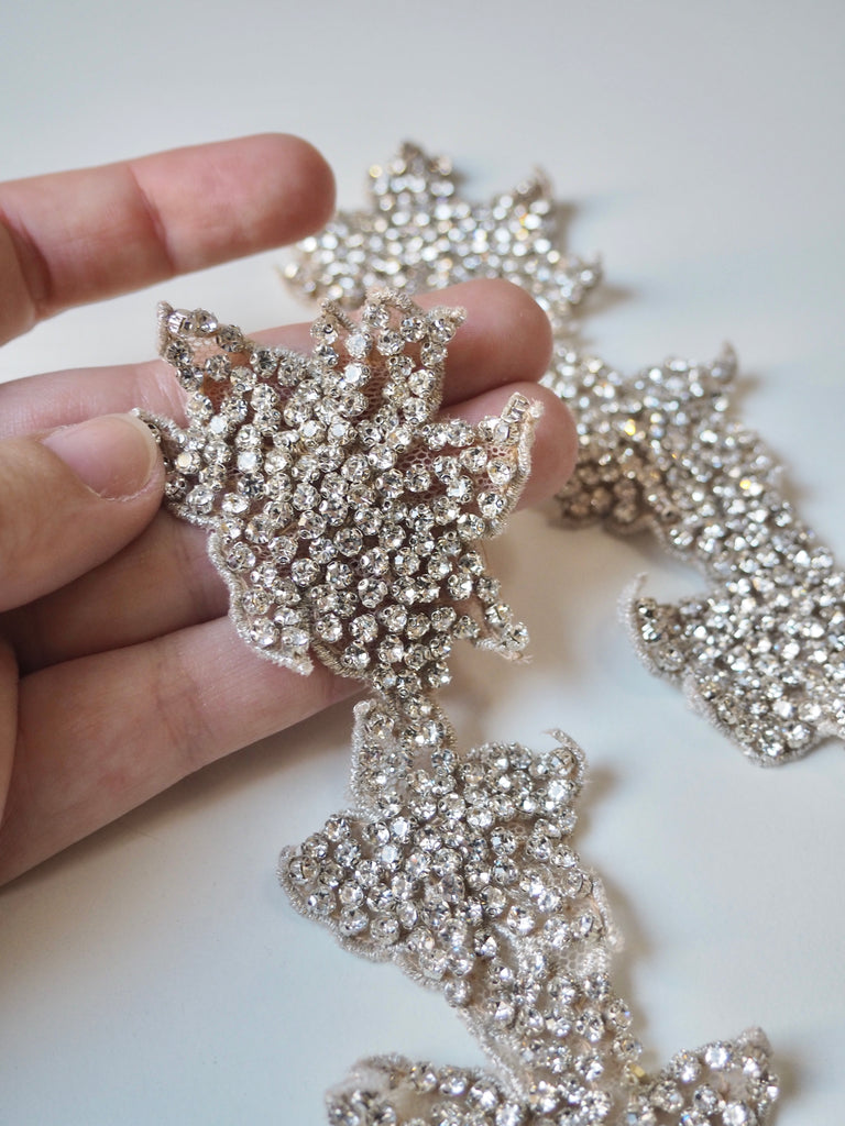 Hand Beaded Medium Silver Floral Crystal Appliqué