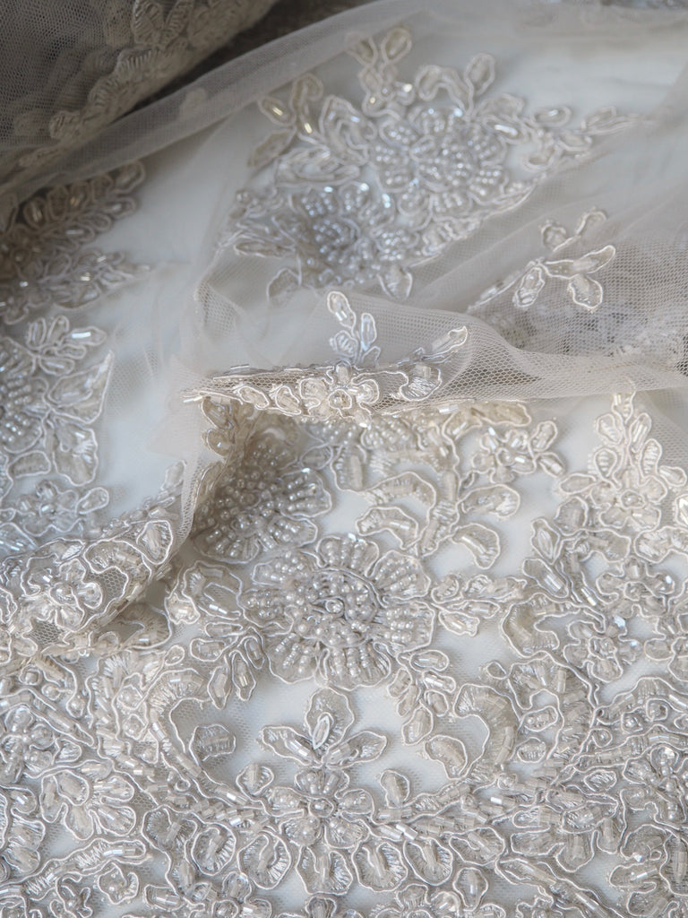 Oyster Beaded Floral Corded Lace Tulle