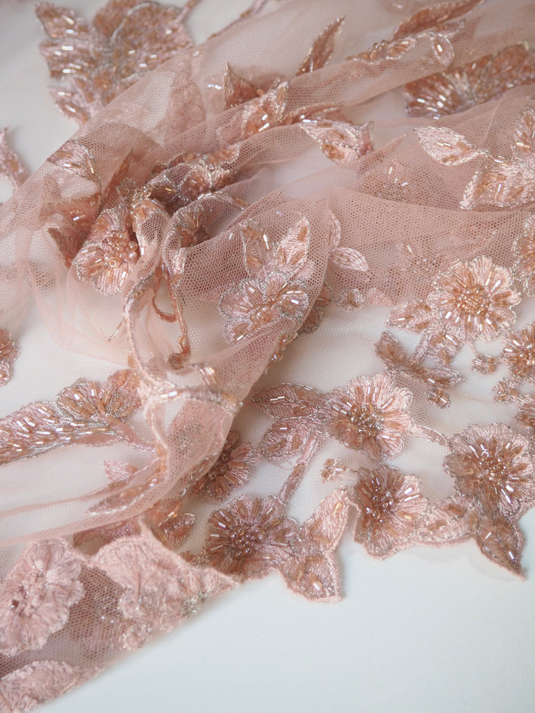 Soft Pink Lurex Beaded Embroidered Floral Tulle