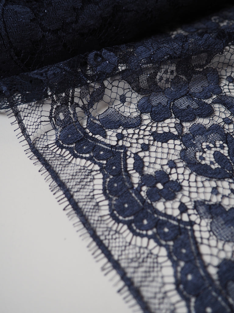 Navy Scalloped Floral Metallic Lace