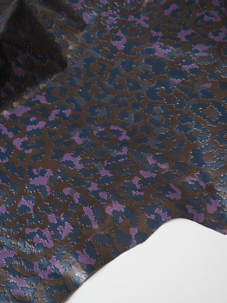 Blue + Purple Embossed Leopard Calfskin Leather