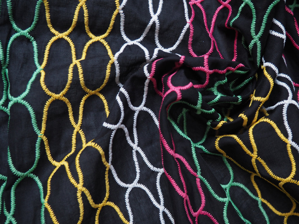 Black + Multicolour Embroidered Stripe Cotton