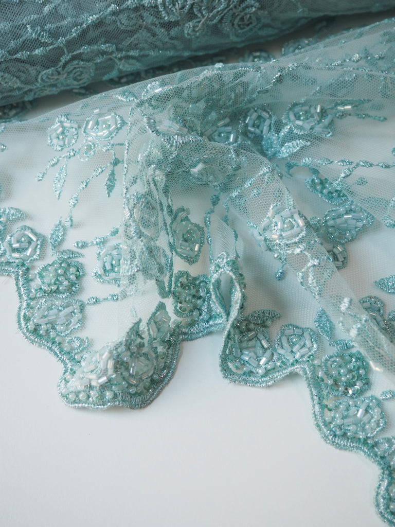 Turquoise Rosette Beaded Embroidered Scallop Tulle