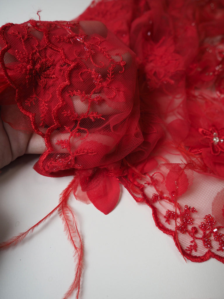 Red Floral Garland Ostrich Feather Applique Tulle