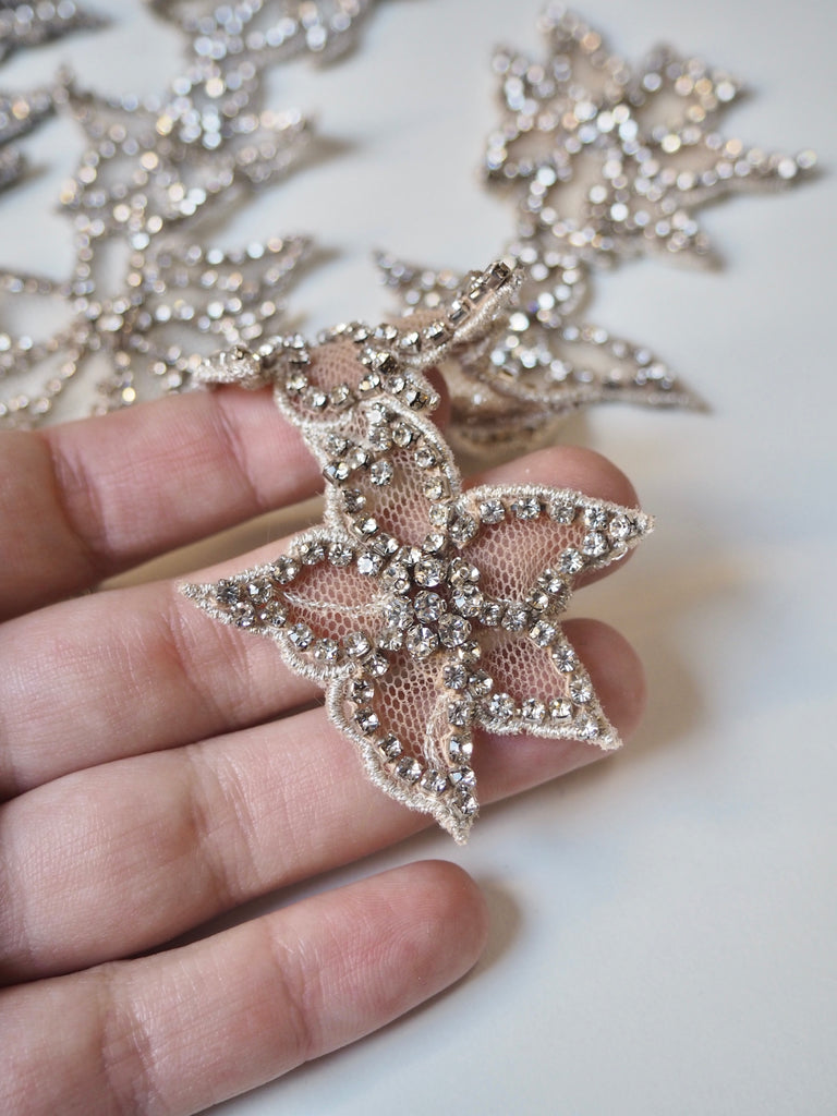 Hand Beaded Medium Silver Outline Floral Crystal Appliqué