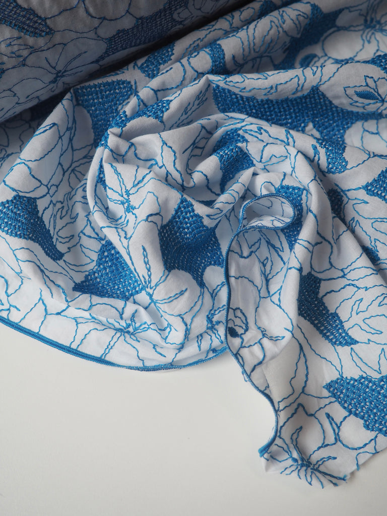 Blue Floral Embroidered Cotton Voile