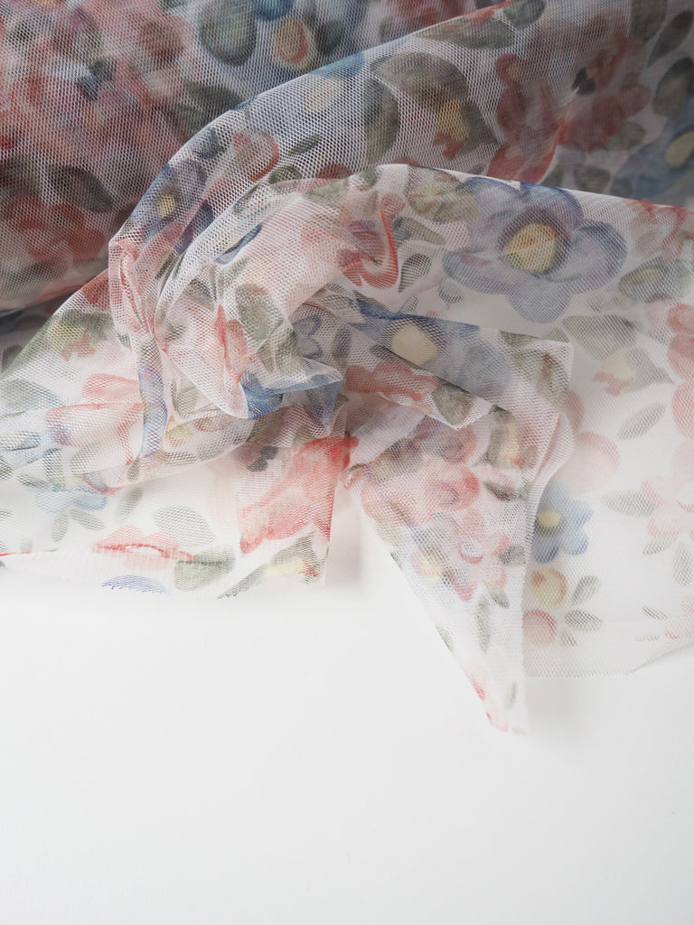 White Floral Printed Tulle