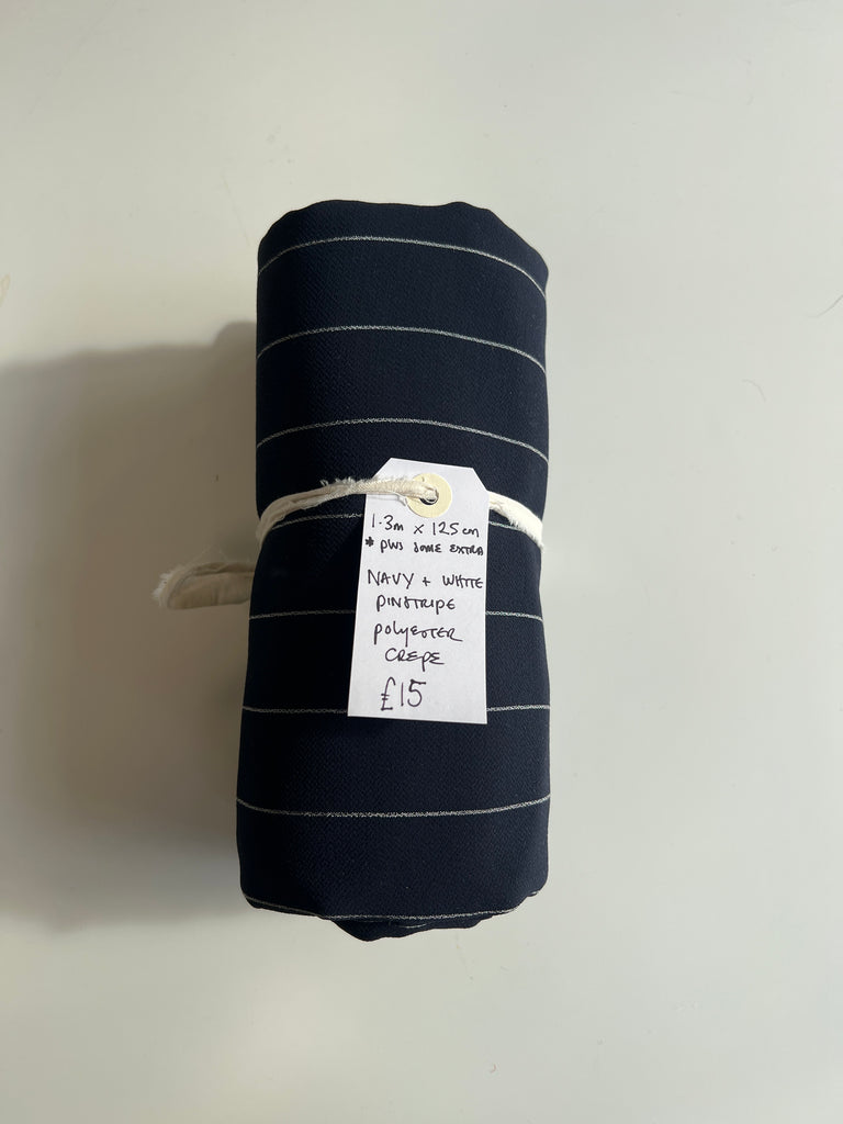 Navy and White Pinstripe Polyester Crepe Remnant