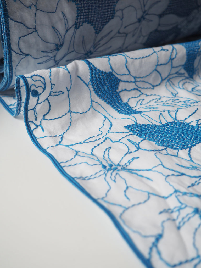 Blue Floral Embroidered Cotton Voile