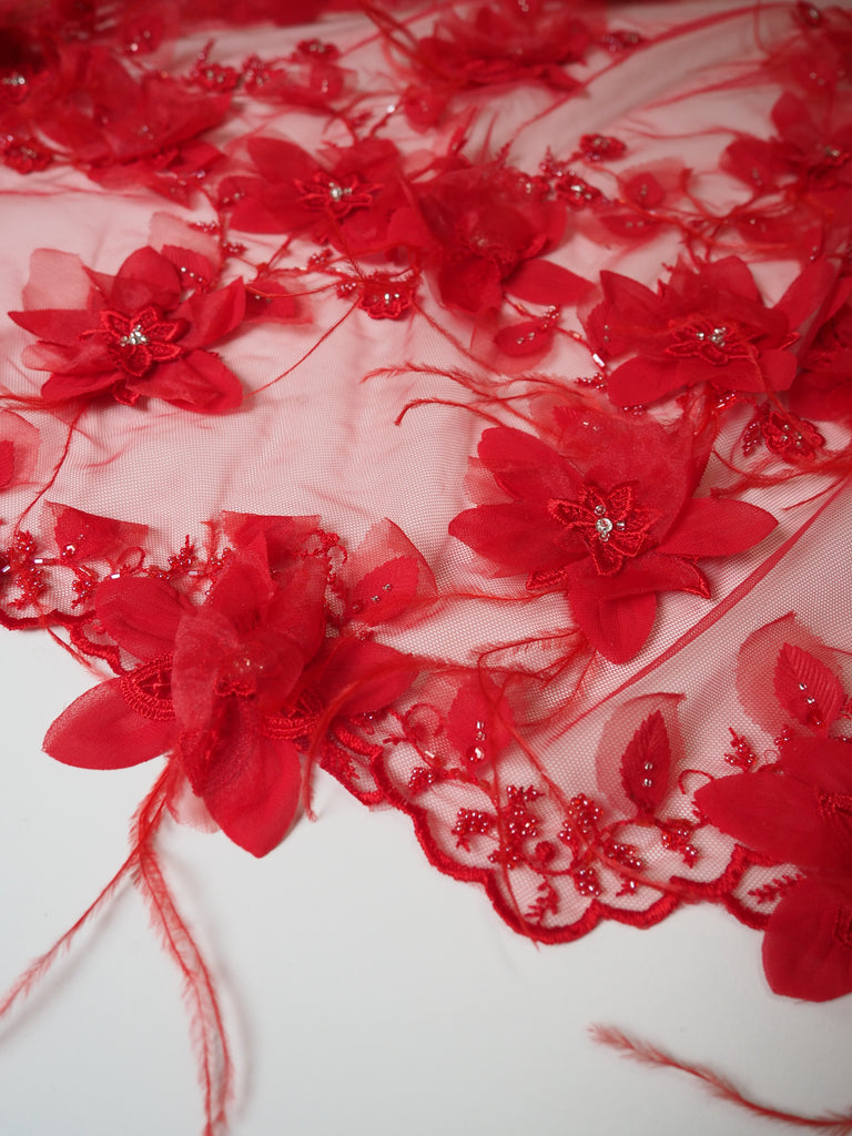 Red Floral Garland Ostrich Feather Applique Tulle