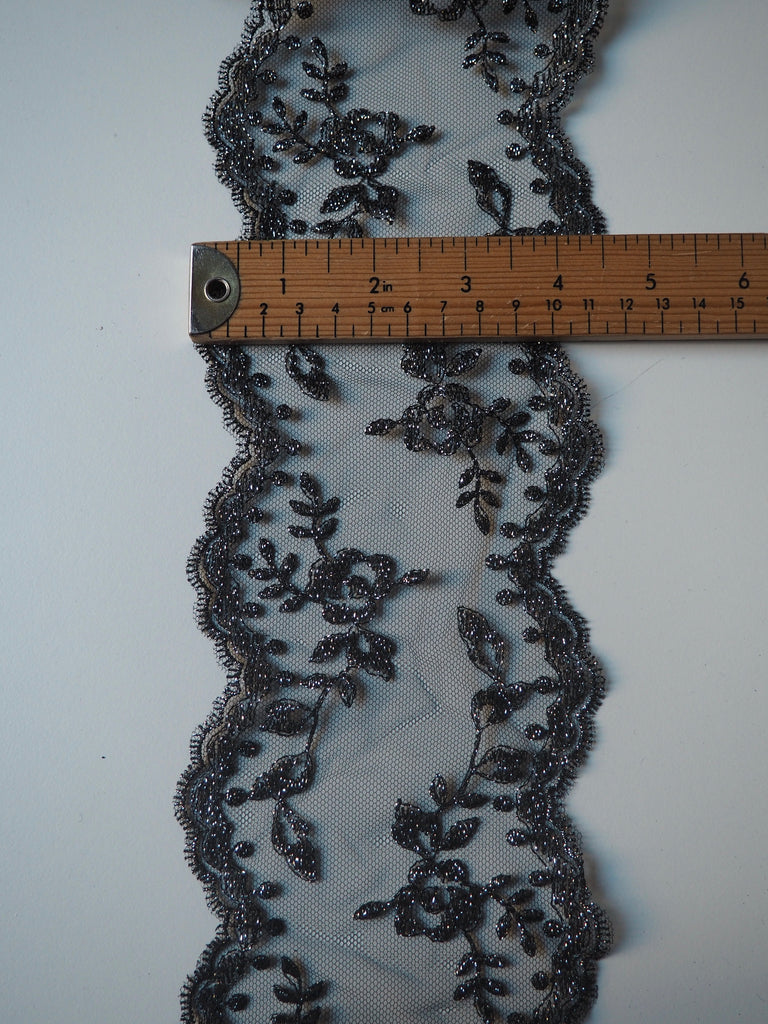 Black + Silver Lurex Rose Garland Scallop Lace Trim 10cm