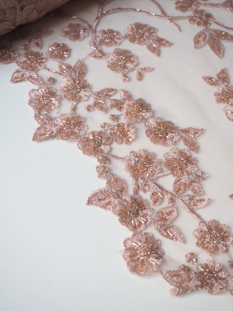 Soft Pink Lurex Beaded Embroidered Floral Tulle