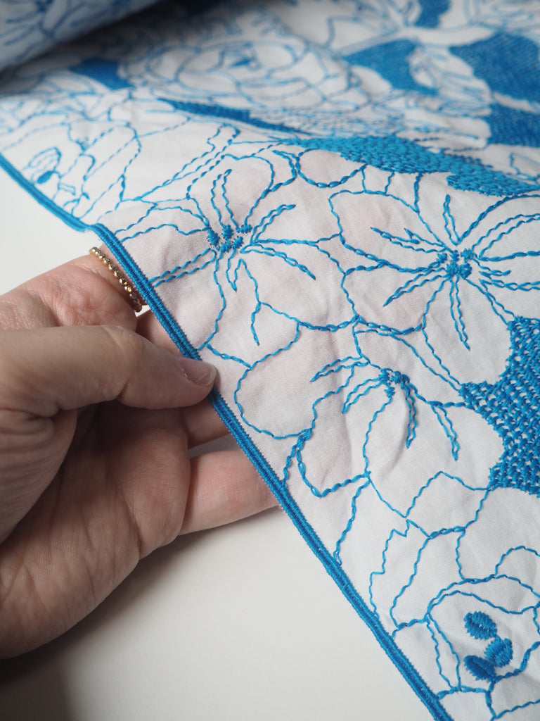 Blue Floral Embroidered Cotton Voile