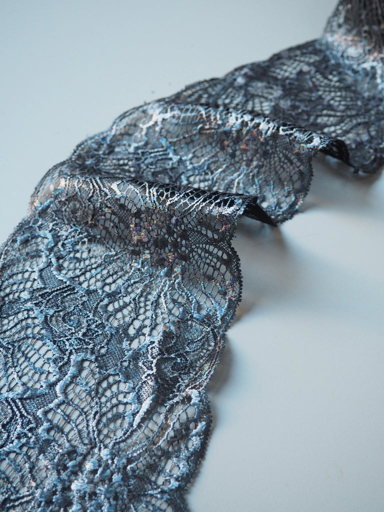 Denim Foliage Foiled Scallop Lace Trim 12cm