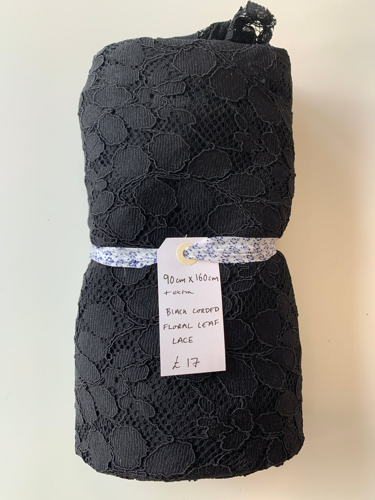 Black Corded Floral Leaf Lace Remnant