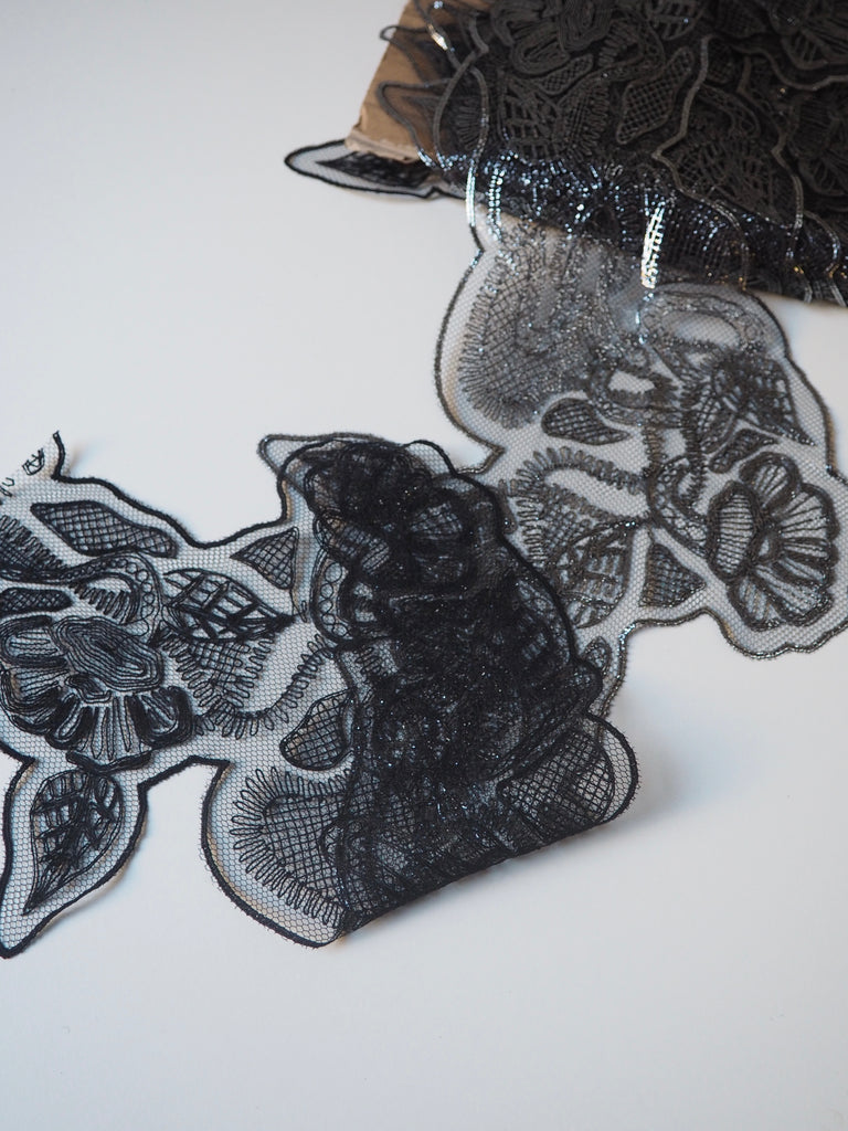 Gunmetal Foiled Leaf + Bud Abstract Lace Trim