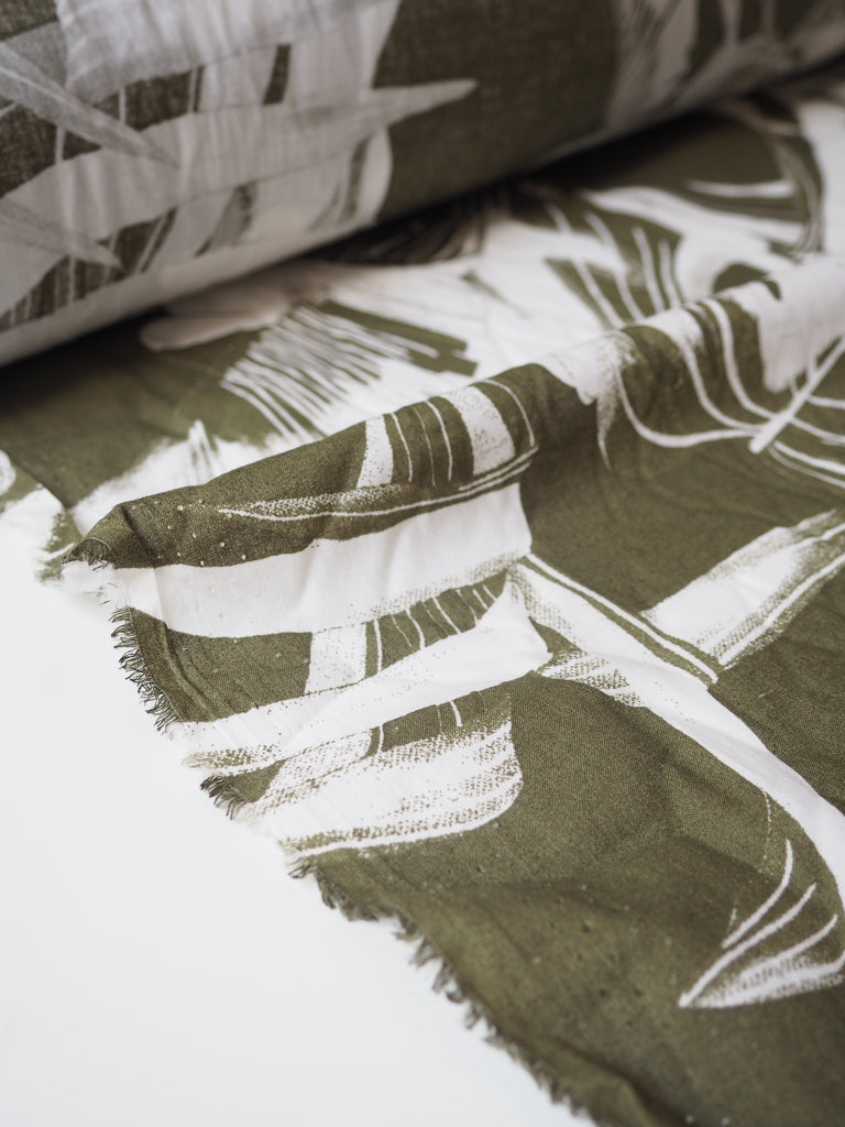 Khaki Green Palm Print Cotton Lawn