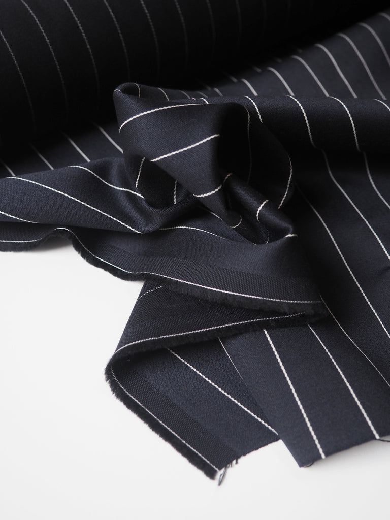 Navy Sateen Wool Pinstripe