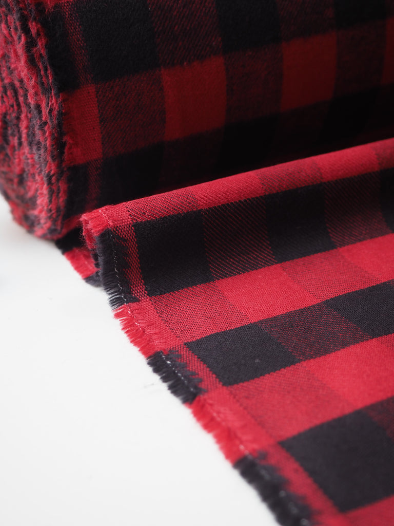 Red + Black Check Fleece-Back Cotton Twill