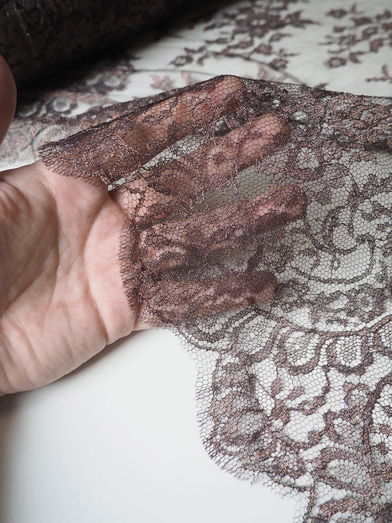 Brown Floral Scallop Lurex Lace