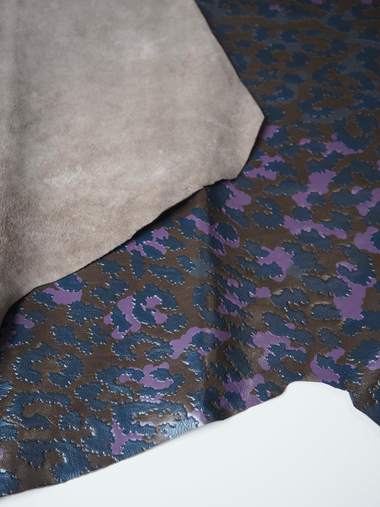 Blue + Purple Embossed Leopard Calfskin Leather