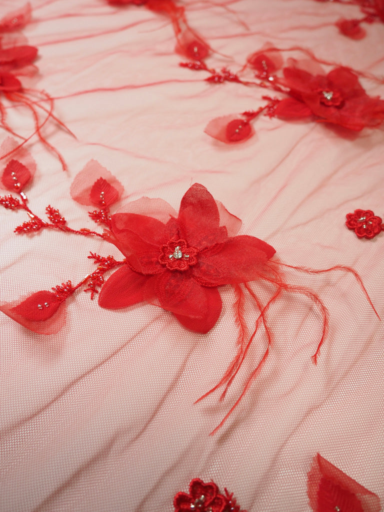 Red Floral Garland Ostrich Feather Applique Tulle