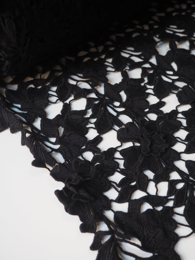 Black 3D Floral Cotton Guipure Lace