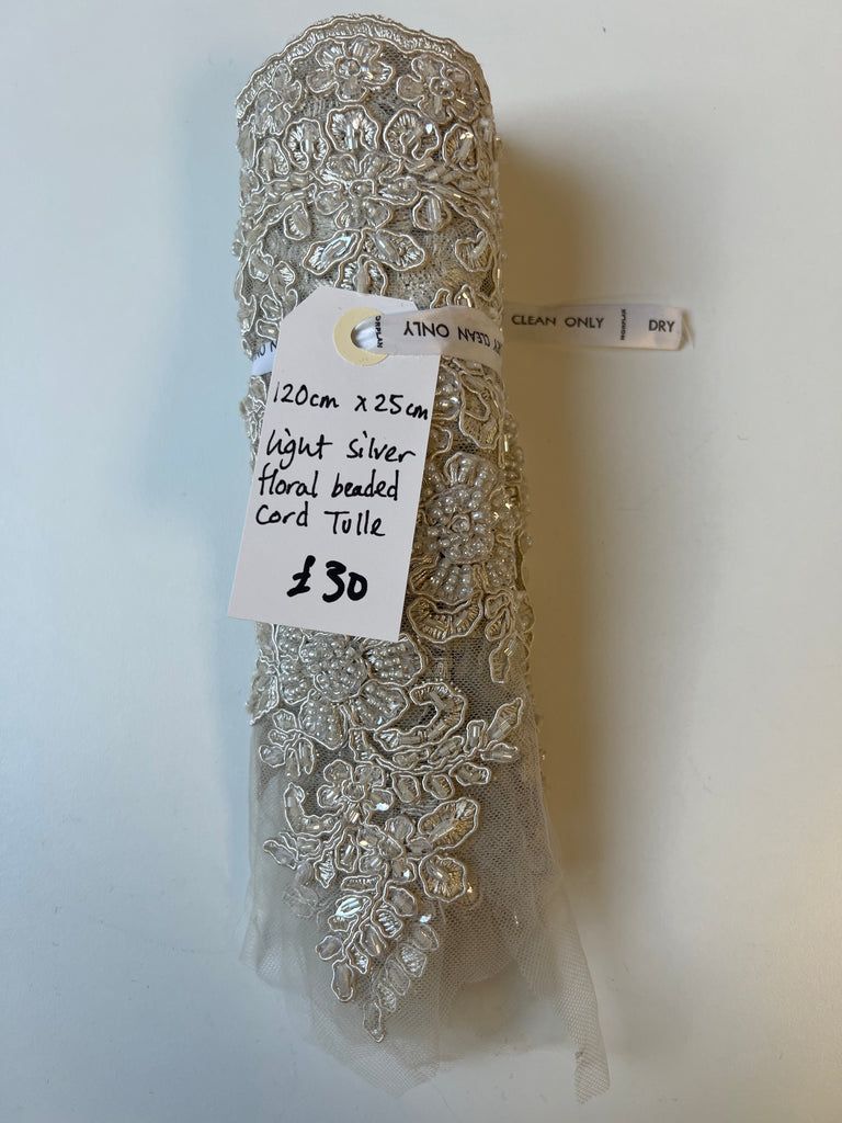 Light Silver Floral Beaded Cord Tulle Remnant