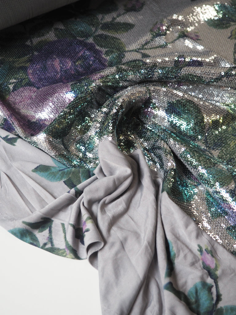 Purple Rose Silver Sequin Printed Jersey