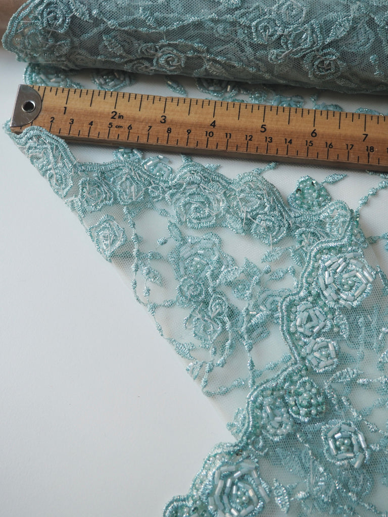 Turquoise Rosette Beaded Embroidered Scallop Tulle