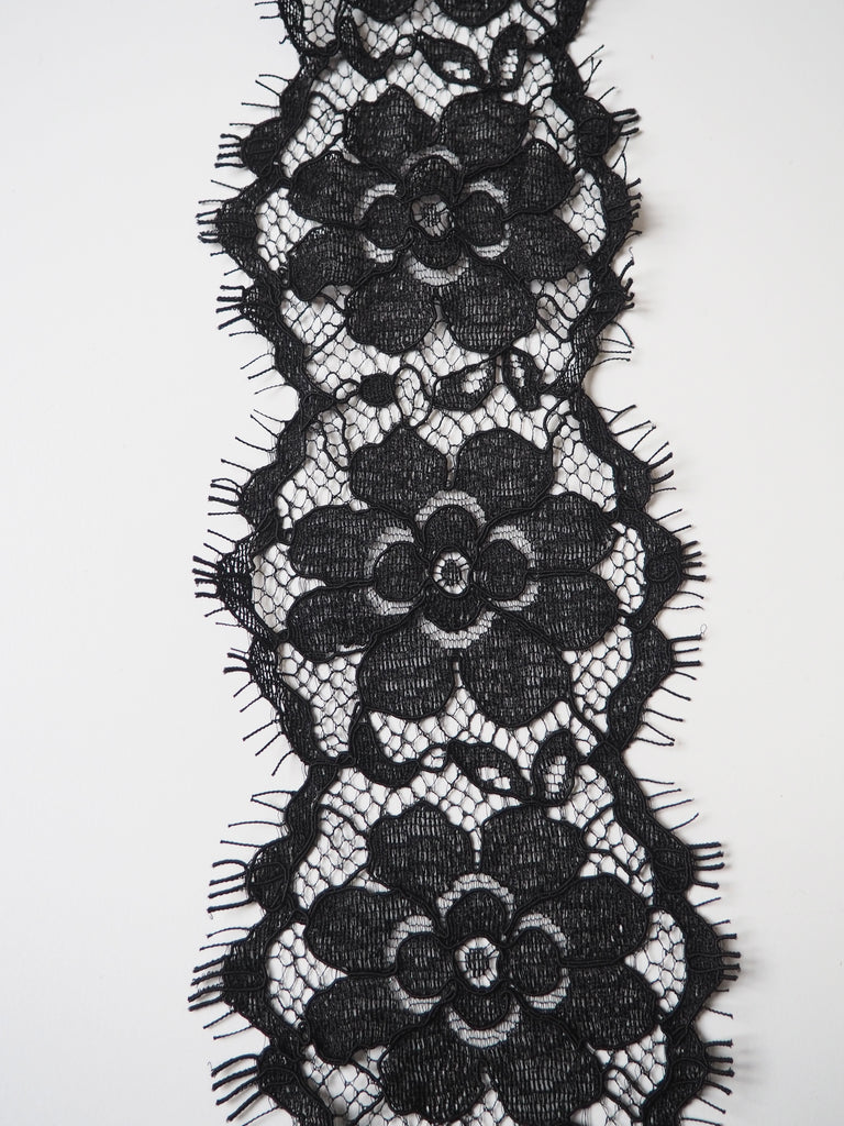 Black Corded Eyelash Double Scallop Lace Trim 12cm