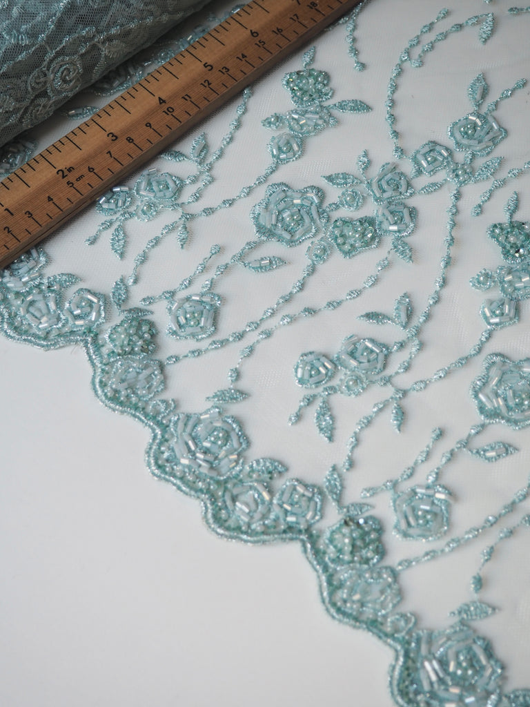 Turquoise Rosette Beaded Embroidered Scallop Tulle