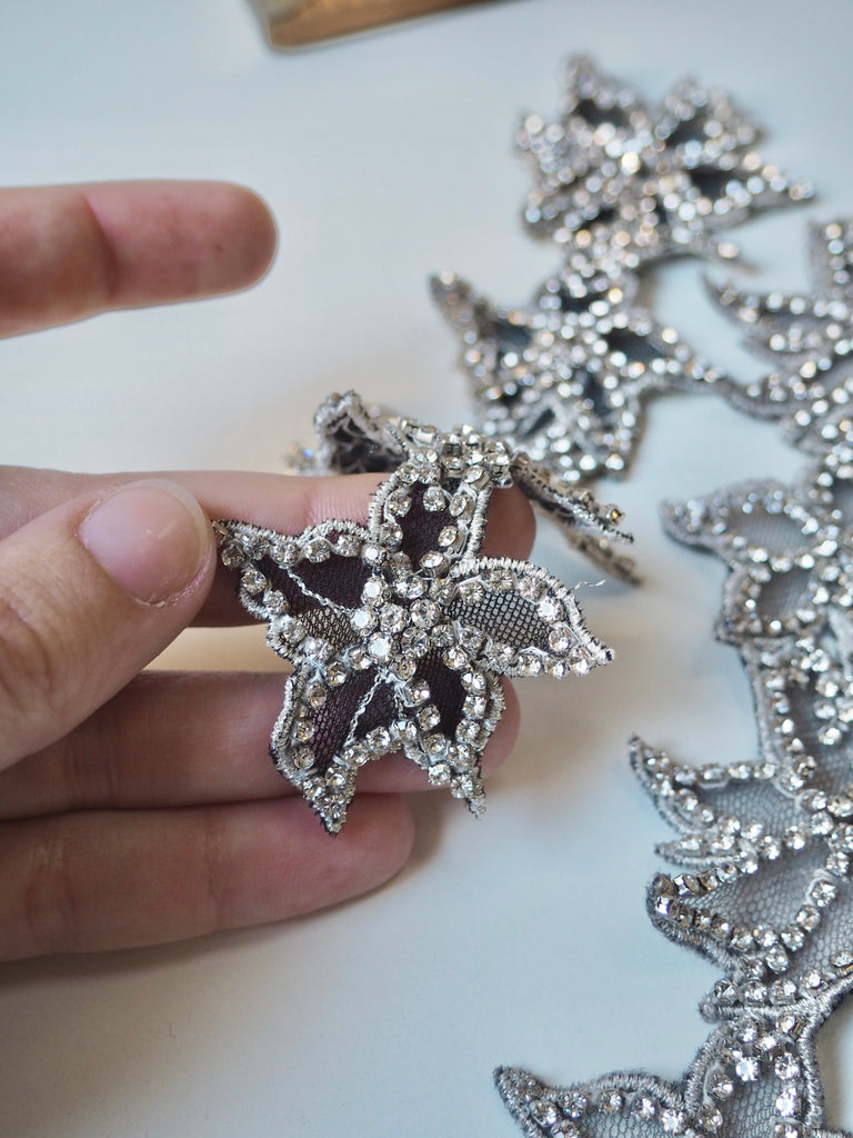 Hand Beaded Medium Silver Outline Floral Crystal Appliqué