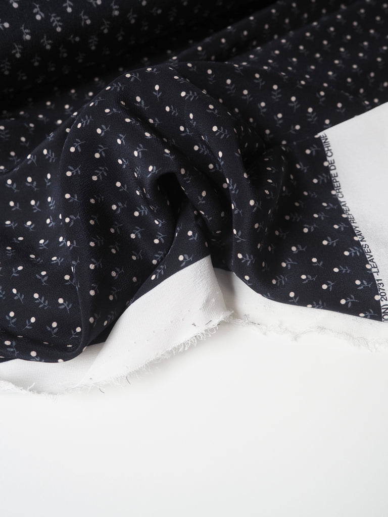 Navy Dainty Leaf Silk Crepe de Chine