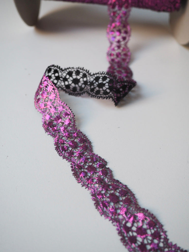 Bright Pink Circlet Foiled Scallop Lace Trim 2cm