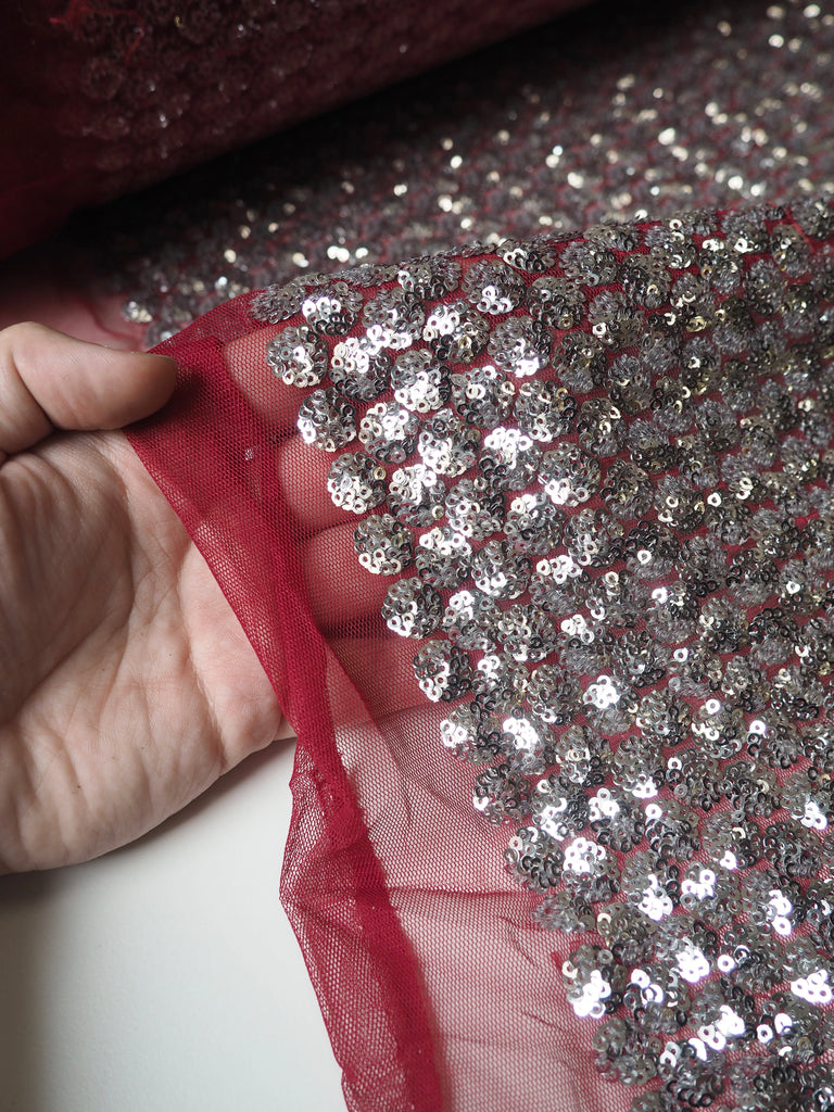 Silver + Red Dot Sequin Tulle