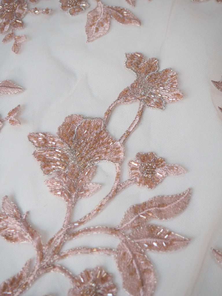 Soft Pink Lurex Beaded Embroidered Floral Tulle