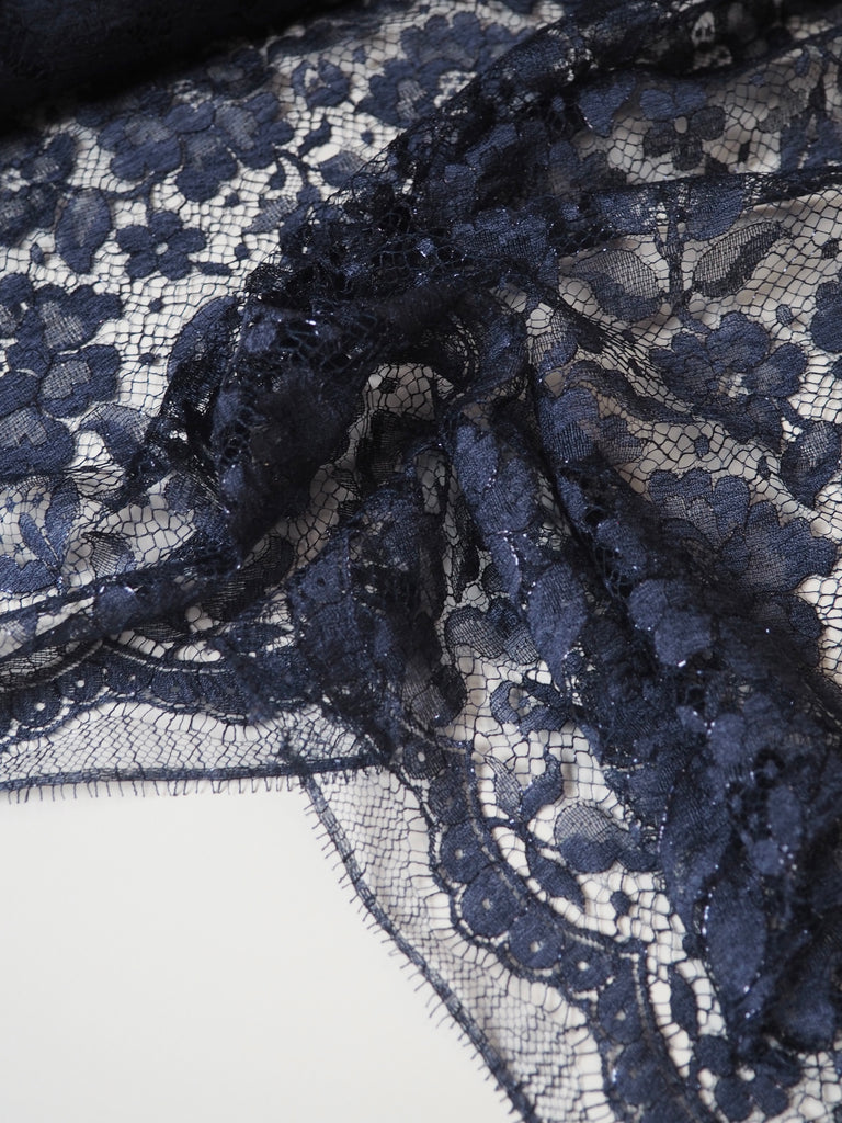 Navy Scalloped Floral Metallic Lace